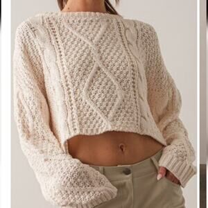 Papermoon NNT Cora Cropped Cable Thick Loose Knit Ivory Crewneck Sweater S